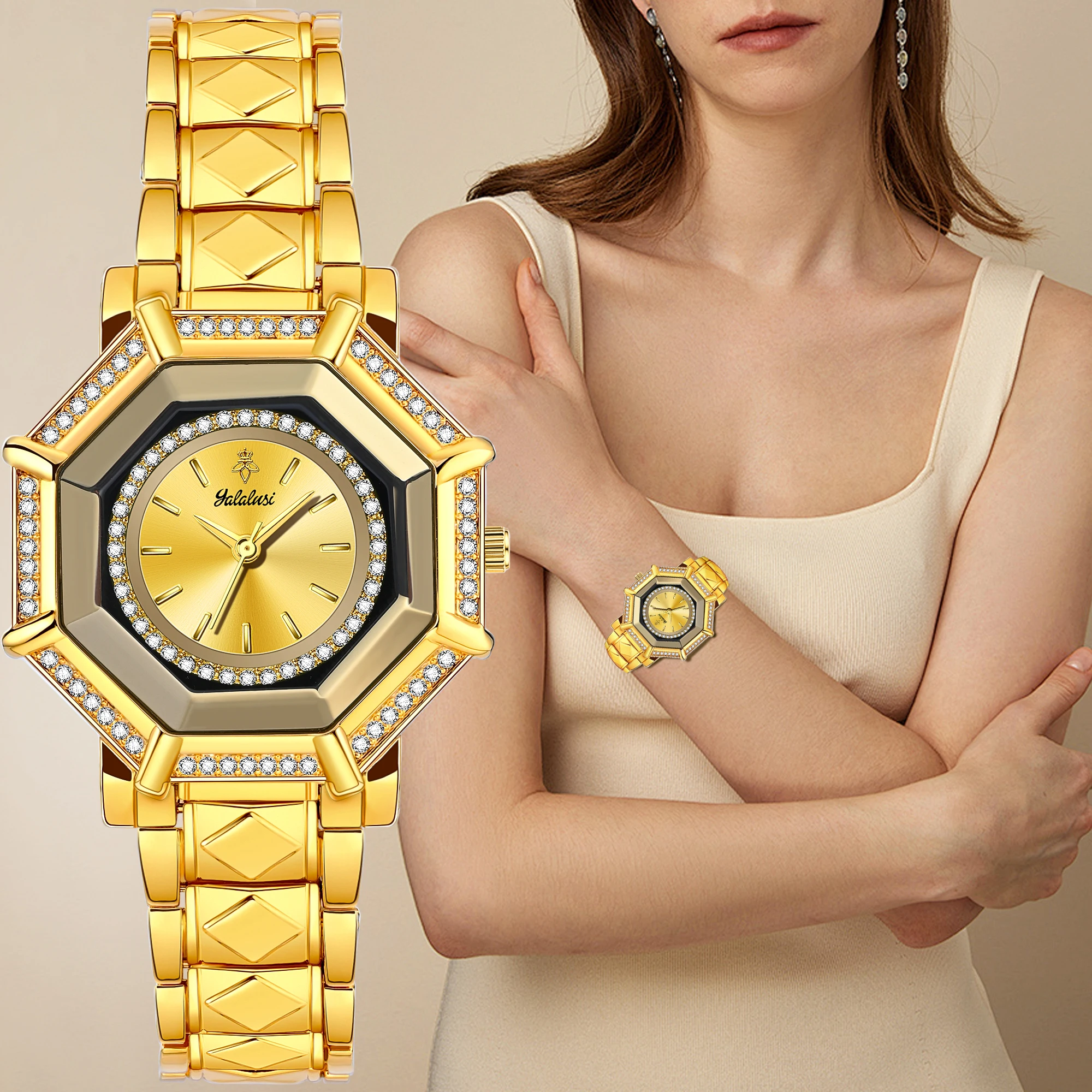 

YaLaLuSi Fashion Women's Watch, Octagonal Crystal Bezel with Gold Dial, Waterproof Sport Quartz Wristwatch, Free Shipping