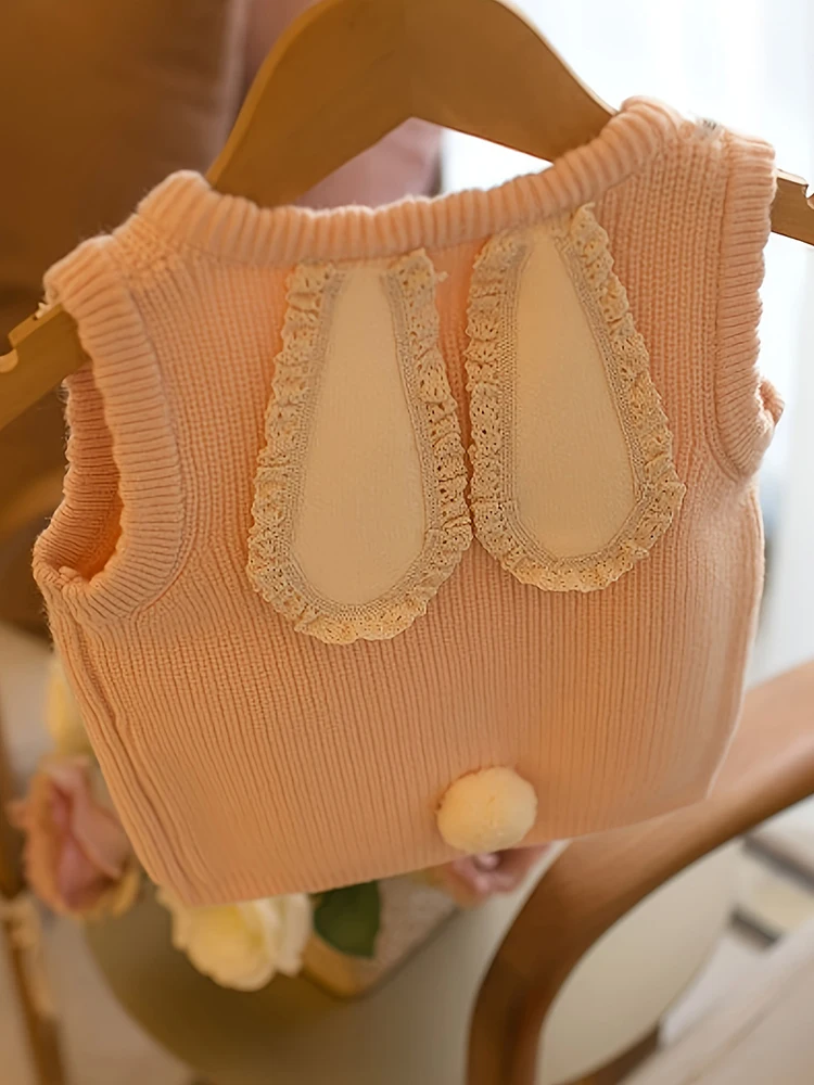 Girls 2024 Bunny Ear Cardigan Vest Spring Autumn Sweater Princess Cream Fashion Sweet Style Top Baby Clothing Cute Knitted Vests