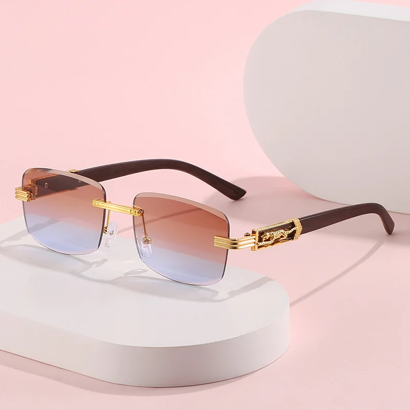 New Metal Leopard Rimless Rectangle Vintage Sunglasses For Men Fashion Frameless Tinted Glasses Women Gradient Sunshade Eyewear