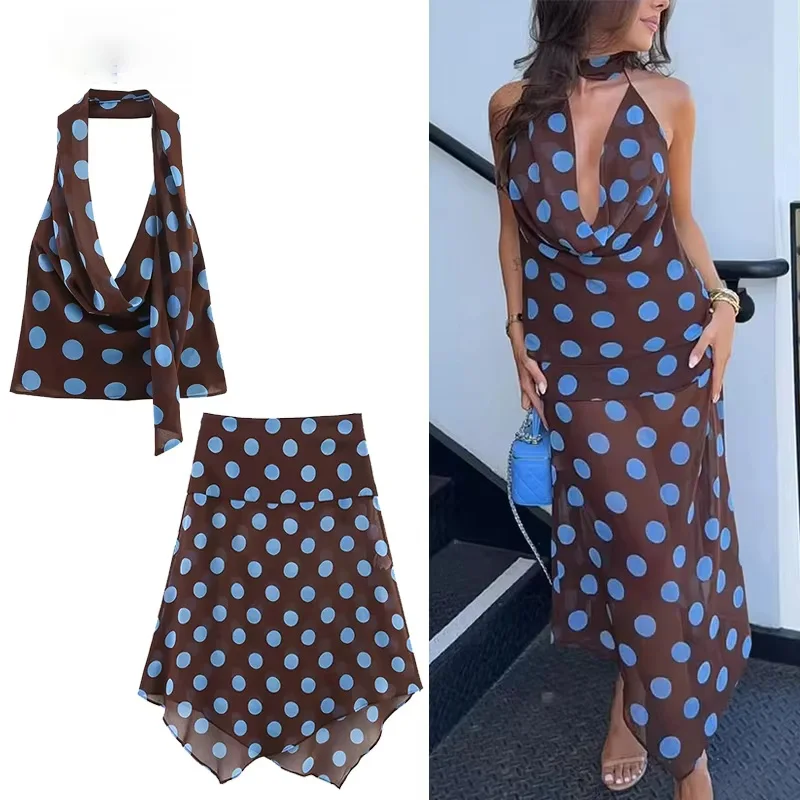 Polka Dot Printed Midi Skirts Two Piece Sets for Women 2025 Summer Chic Scarf Halter Top Suits Beach Woman 2 Piece Outfits   3.