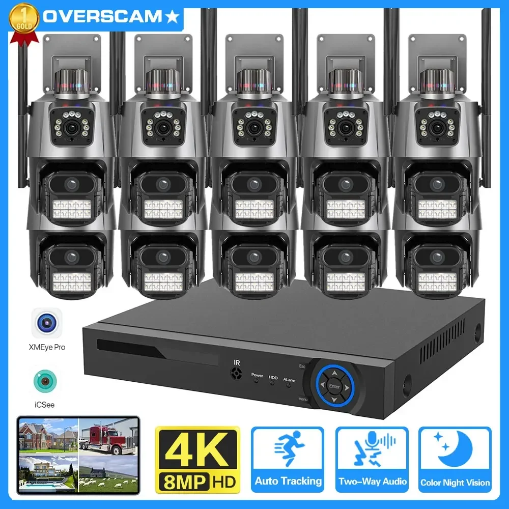 8MP 4K Wifi Camera Dual Lens 10CH NVR Auto Tracking Waterproof Security CCTV Video Surveillance Police Light Alarm Camera System