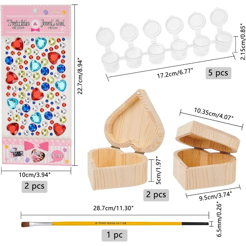 2 Pack Unfinished Heart Wooden Jewelry Box with 5 Strips 5ml Empty Paint Strips, Paint Brushes and Rhinestone Stickers for