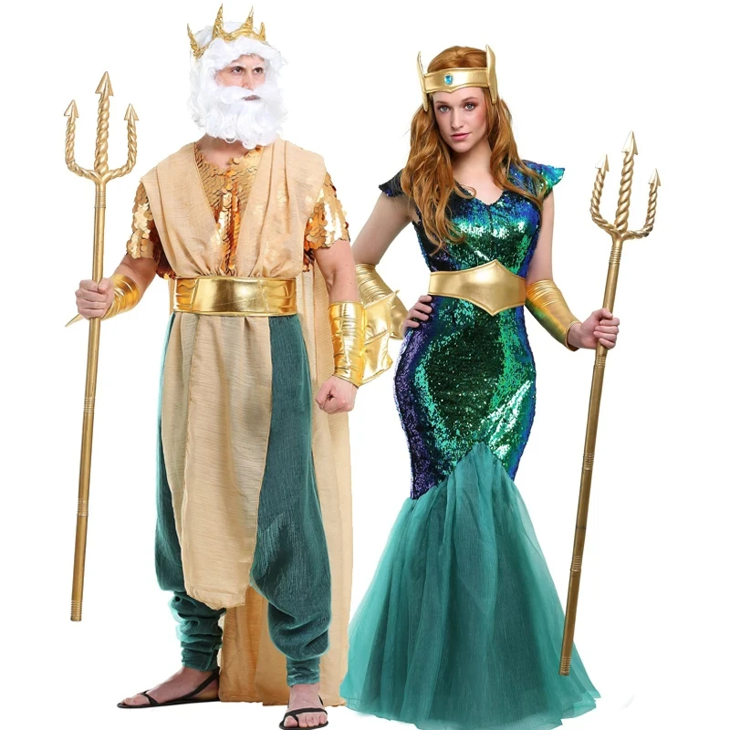 Kobiety syrena morska syrena kostium królowej personel męskie kostiumy Poseidon dla dorosłych egipt egipski faraon książę król Cosplay przebranie