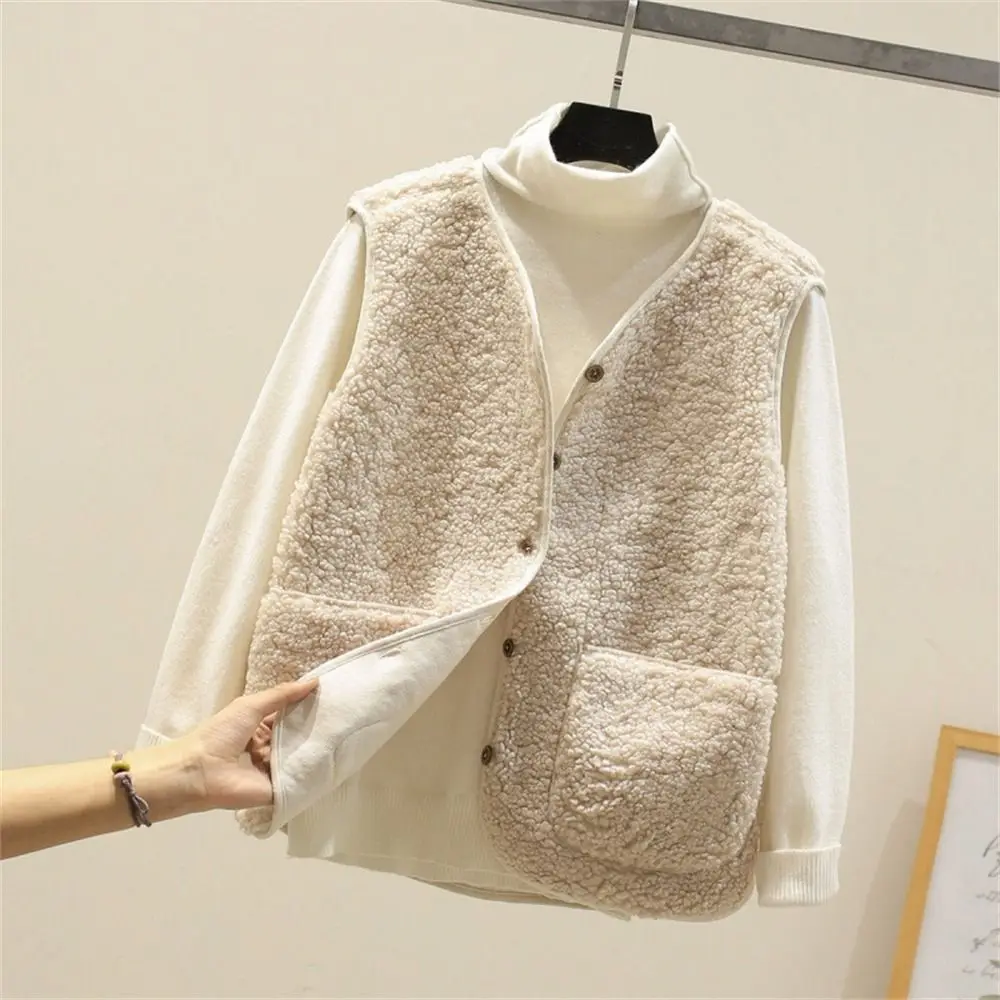 Fashion Lamb Hair Winter Fleece Vests Warm Thick Thermal Button Waistcoat Solid Color Short Type Sleeveless Jacket for Women