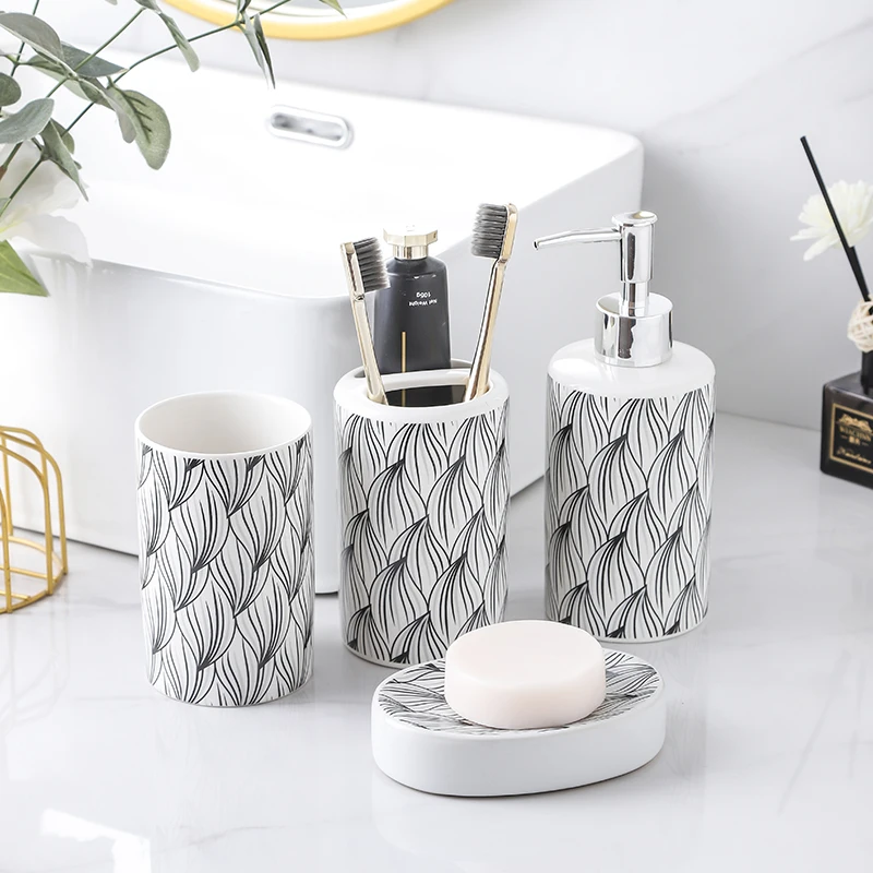 Nordic Home Bath Bathroom Set Hand sanitizer bottle Stack Pattern Bathroom  Wash four-piece set soap bottle Toothbrush cup