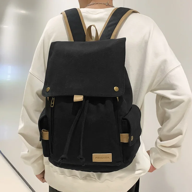 Women's Fashion Beige Canvas Backpack Men's Contrast Travel Bag College Girl's Schoolbag Laptop Bag Student Mochila 2022 New