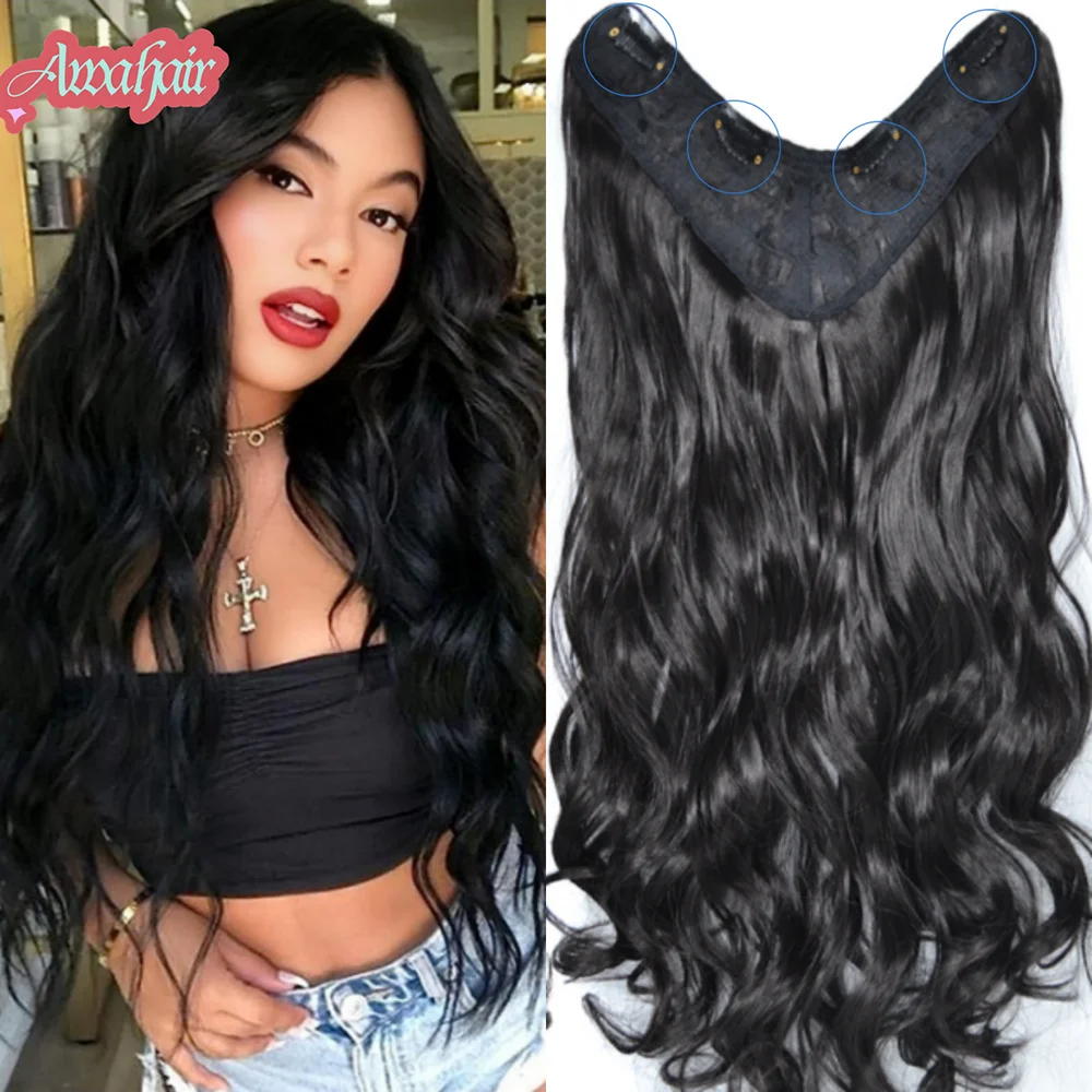 Ekstensi Rambut Bagian V Wig keriting sintetis klip gelombang dalam ekstensi rambut satu buah 3/4 kepala penuh setengah Wig lurus tebal