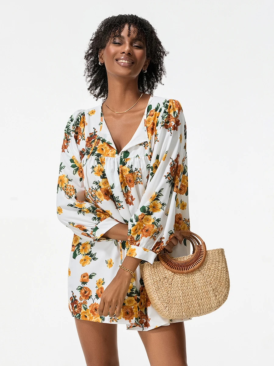 Mini robe à manches 3/4 pour femmes, tenue d'été décontractée à pois et imprimé floral