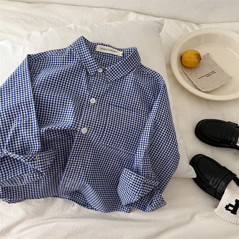 

Children's shirt 2024 autumn new boys and girls fine pocket shirt baby simple blue check shirt 90-140cm