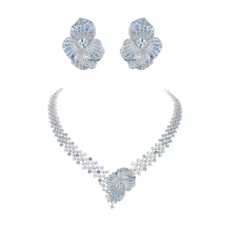 

BELLUX Blue Flower Pendant Necklace and Earring Set for Women Cubic Zircon CZ Bridal Wedding Jewelry Gift