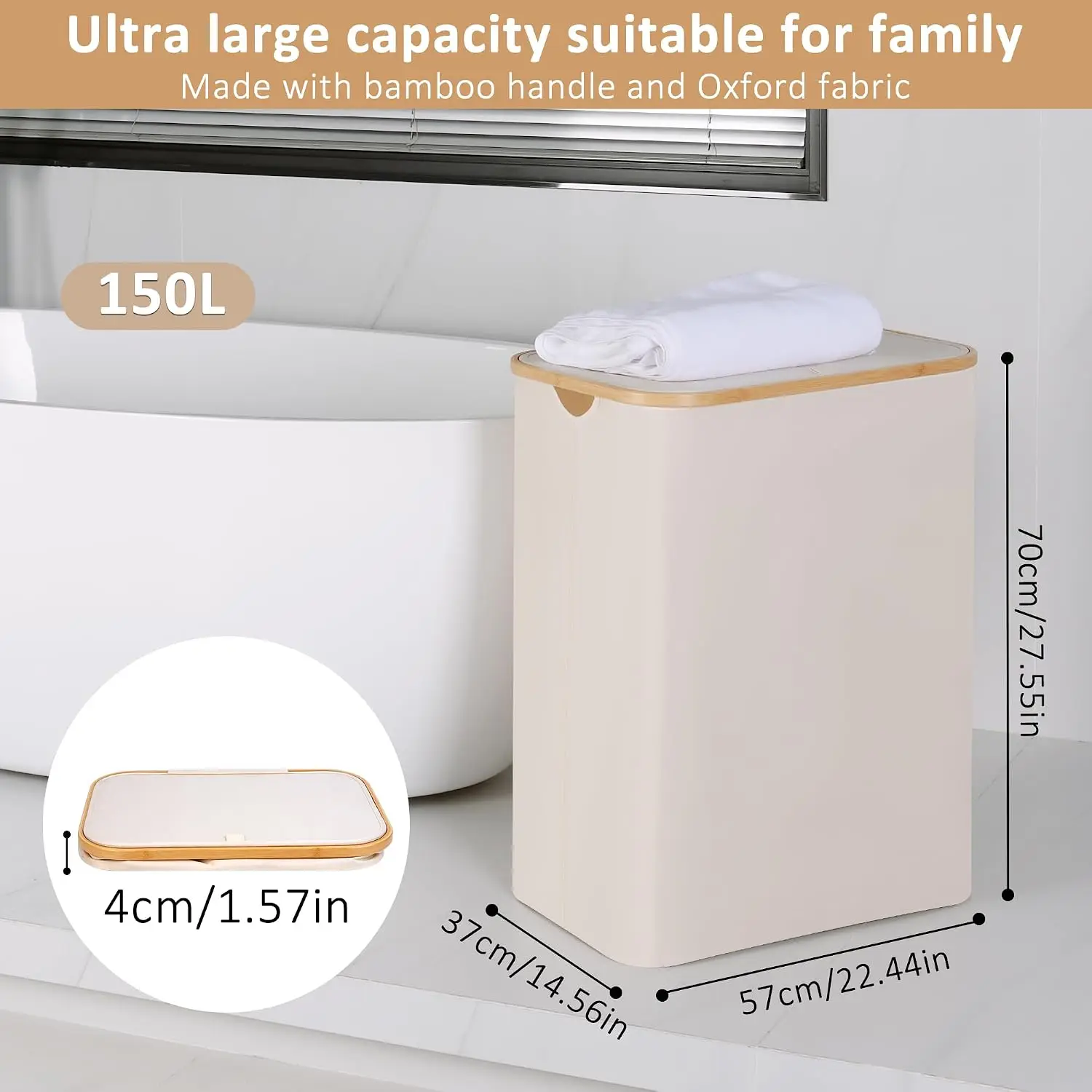 Laundry Hamper with Lid,150L Laundry Basket with 2 Mesh Bags,Beige | Dirty Clothes Hamper Basket with Bamboo Handle for Clothes