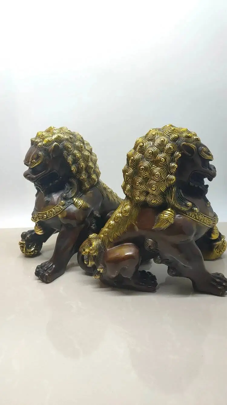 Noble Fengshui Golden Copper Pair Foo Fu Dog Guardian Palace Lion Big Statue