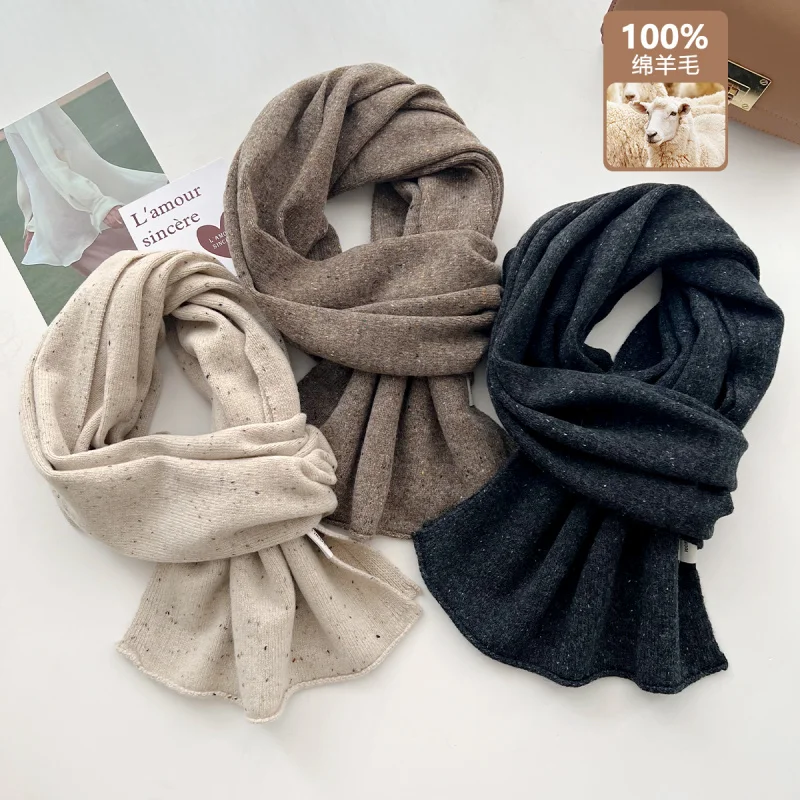 

2025Autumn and Winter New Korean and Japanese Style Solid Color100%Wool Knitted Scarf Men and Women Couple Warm Neck Scarf Pract