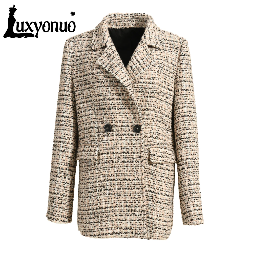 

Luxyonuo Women's Winter Coat Double-Breasted High-Quality Tweed Jacket Autumn Woolen Jacket Fashion Suit 2023 Spring New Style