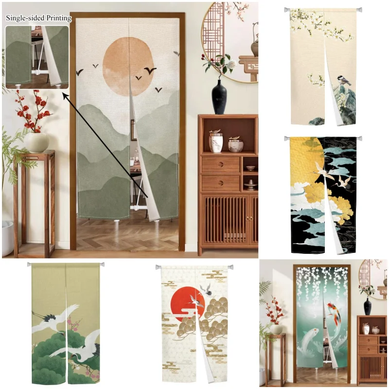 VIKAMA Oriental Ink Style Noren Door Curtain Bird Floral Pattern Room Divider Curtain For Tea Room Restaurant Home Decoration