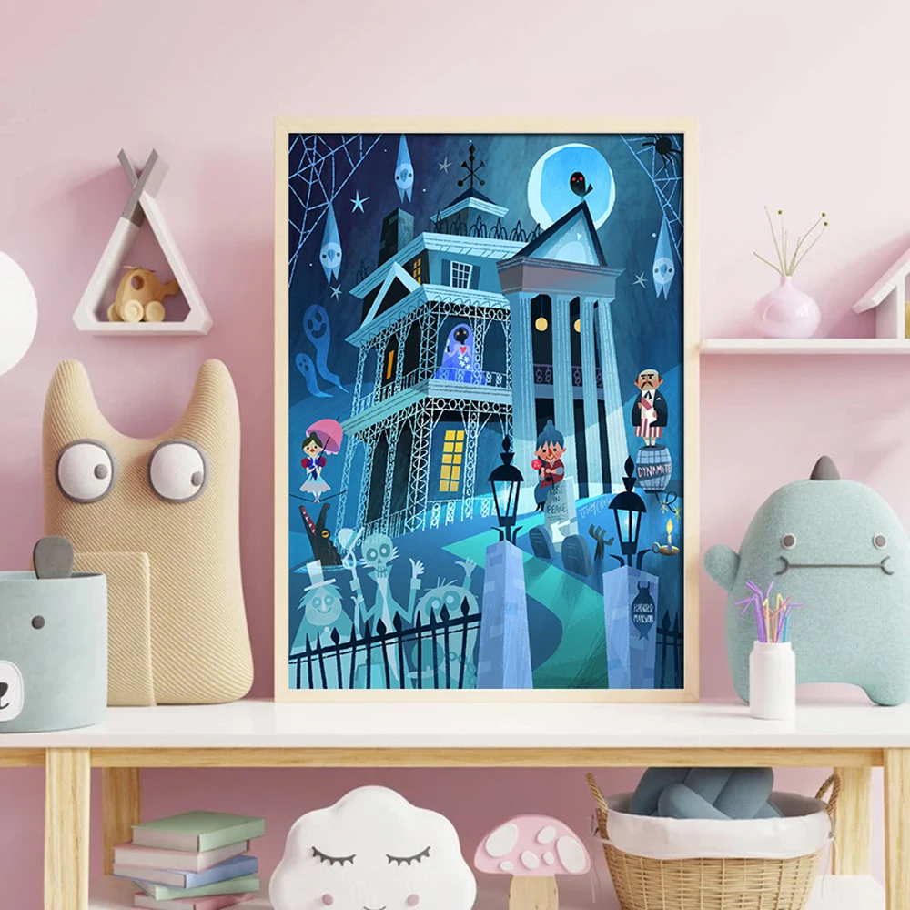 

Disneyland Haunted Mansion Ride Poster Wall Art Canvas Painting Prints Blue Night Cartoon Picture Kids Room Home Decor Cuadros