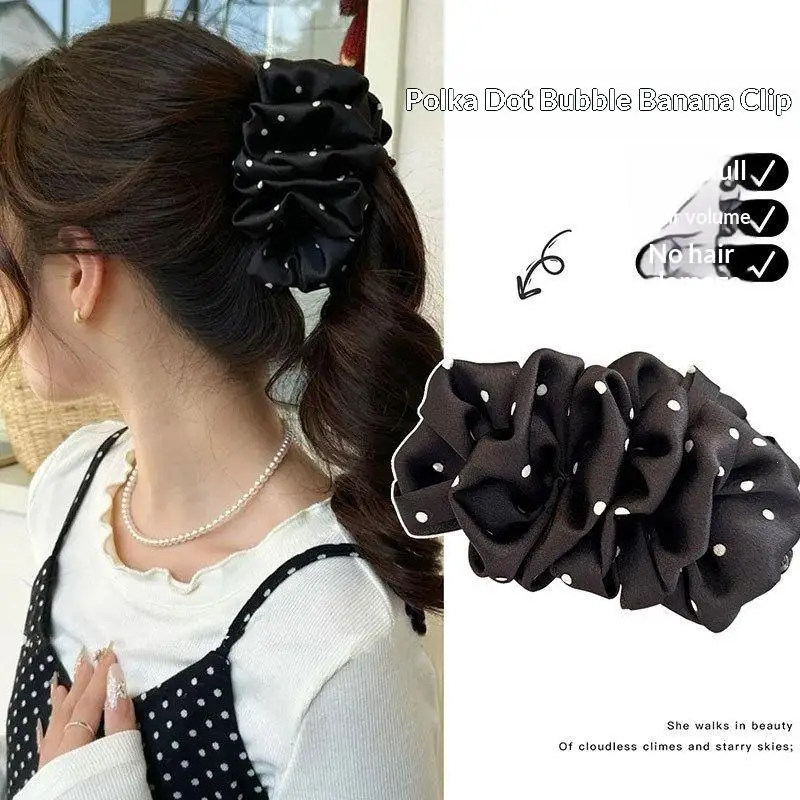 Satin Polka Dot Hair Claw Clip Non Slip Large Ruffled Hair Clip Women Daily Dating Office Hair Accessory