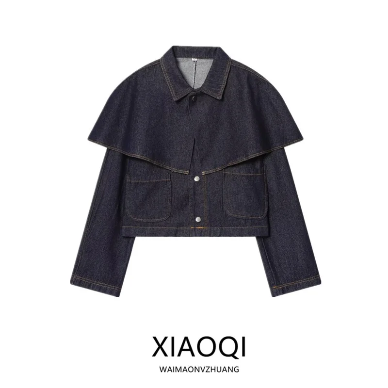 

Loose Casual Women's Denim Jaet 2025 Autumn New Sle Versatile Cowl Ne Coat Long Sve ort Length Button Closure