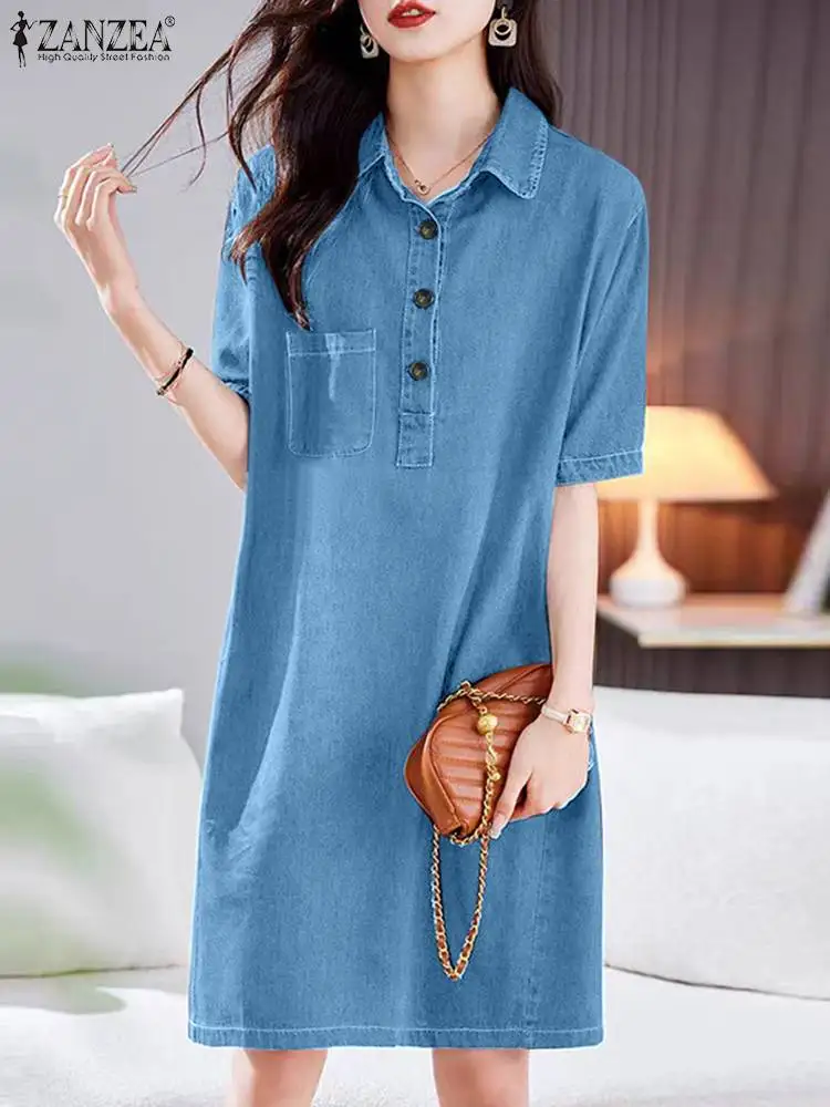 ZANZEA Fashion Denim Mini Dress Women Vintage Blue Shirt Dress 2024 Summer Short Sleeve Pockets Robe Casual Lapel Neck Sundress