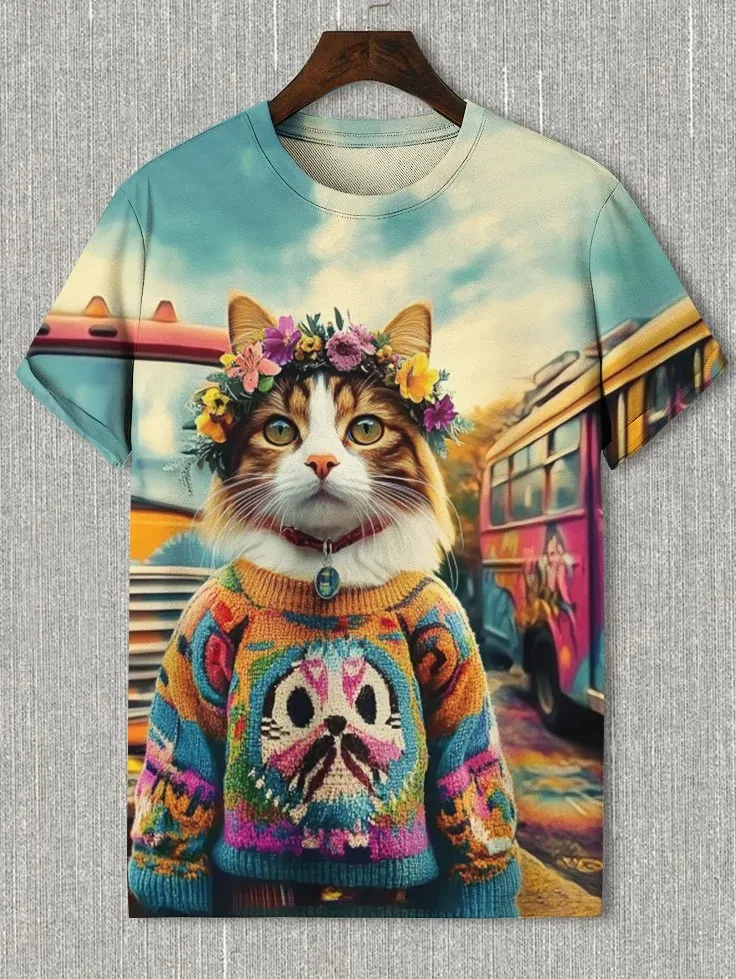 Men\'s Funny Animal Cat Printed T Shirts Short Sleeved Tee Tops 3D Print O-Neck Shirts Party Summer Casual Men\'s Clothing Apparel
