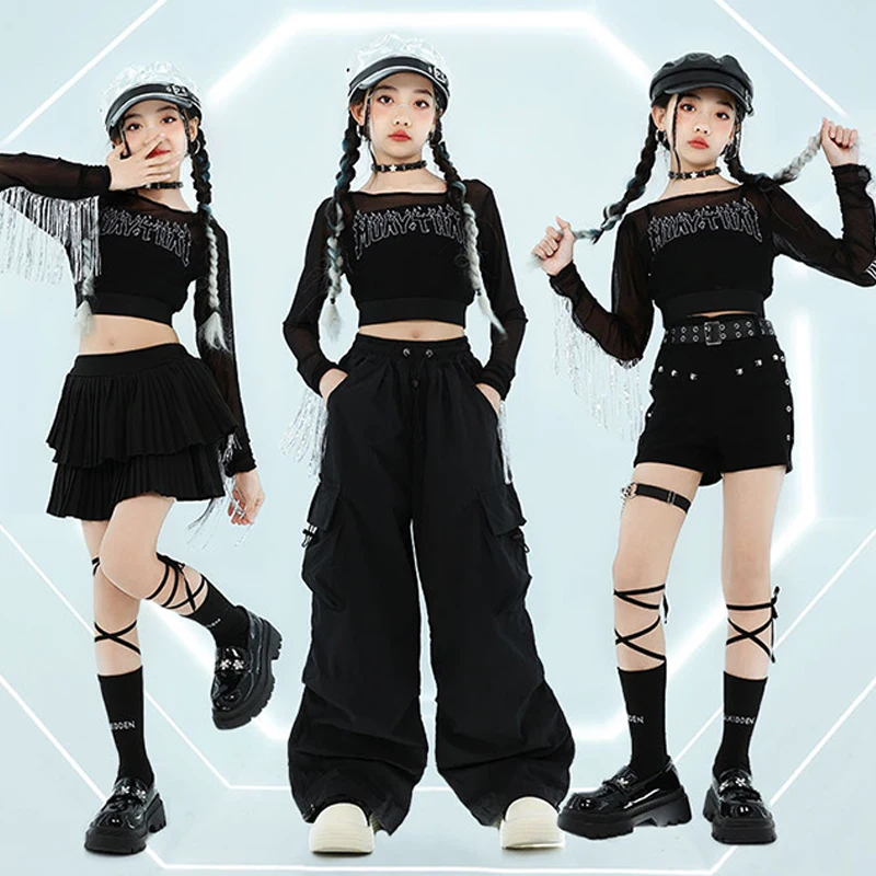 Children Jazz Dance Suit Girls Kpop Dance Clothing Hip Hop Clothing Kids Idol Stage Outft Tassle Tops Black Shuffle Pants 2151