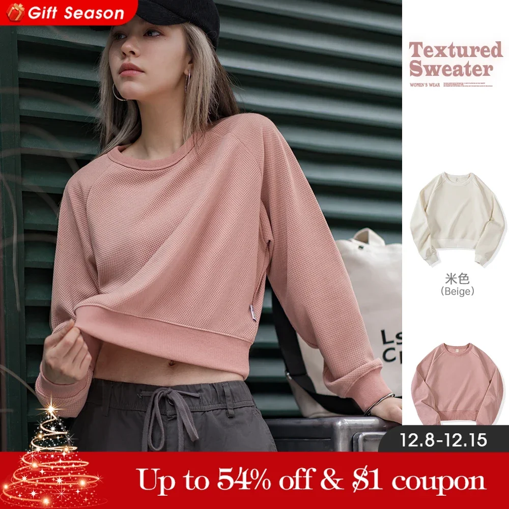 Maden Textured Cropped Sweatshirts for Women Round Collar Solid Color Casual Pullover Spring and Fall Season Basic Tops