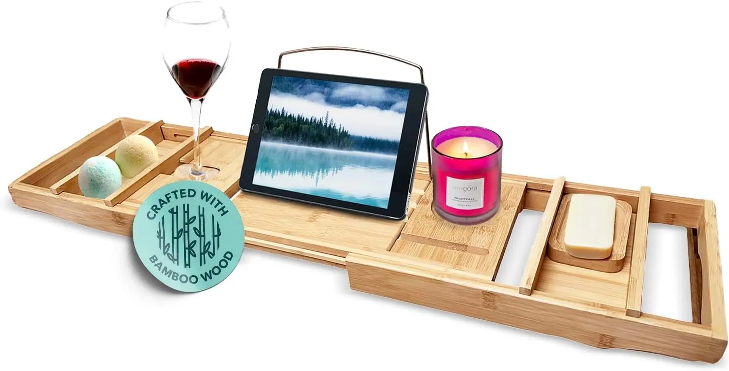 

расширяемый бамбуковый поднос для ванны — деревянная кабина для ванны 43 дюйма с полкой — декор и аксессуары для спа-ванной комнаты для женщин – ванна