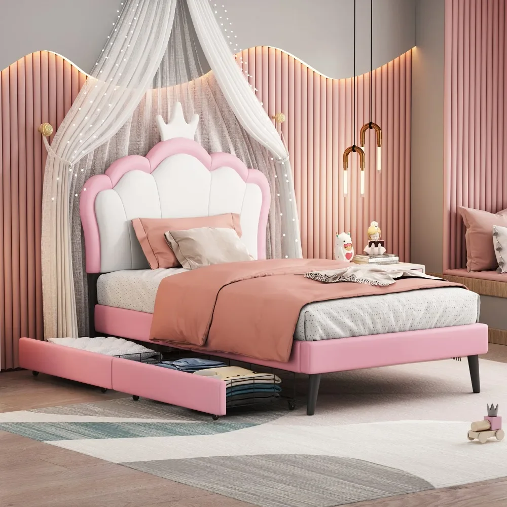 Upholstered Princess Bed, Beds with Crown Headboard and 2 Drawers, White and Pink, Platform Bed with Headboard and Footboard