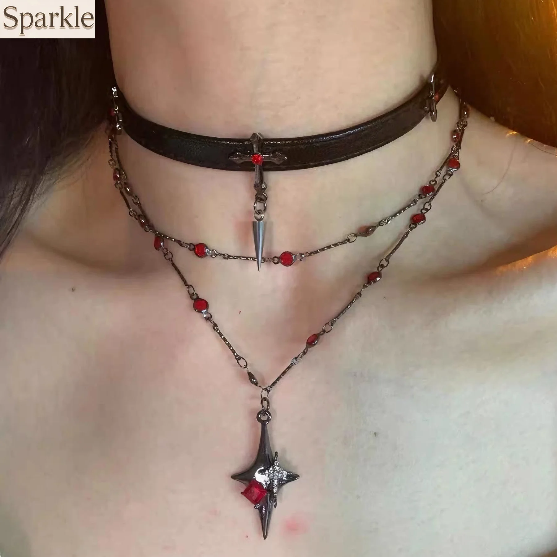 

Cool Gothic Four-pointed Star Necklaces for Women HipHop Punk Bead Black Leather Pendant Chokers Double-layer Neck Chain Jewelry