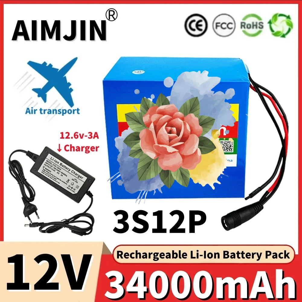 

12V 34000mAh 18650 Li-Ion 3S12P Battery Pack, for LED Lamp Light Solar Street Light Backup Power Etc+12.6V Charger