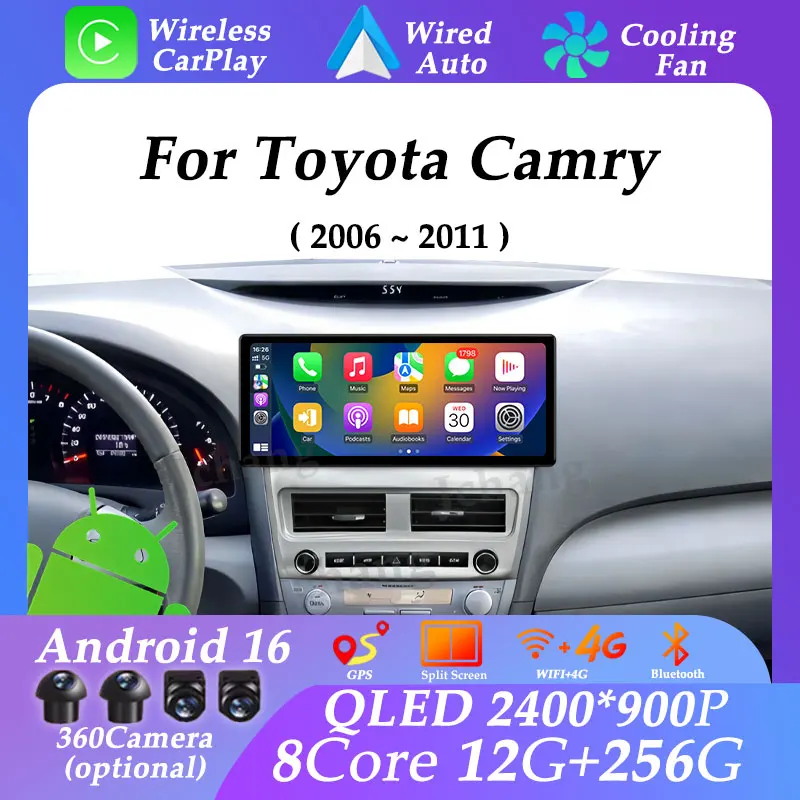 Radio con GPS y Pantalla Ultrafina Android 16 para Toyota Camry 2006-2011, Pantalla Dividida, Carplay, Reproductor Multimedia para Auto, Unidad Principal con DSP y Bluetooth