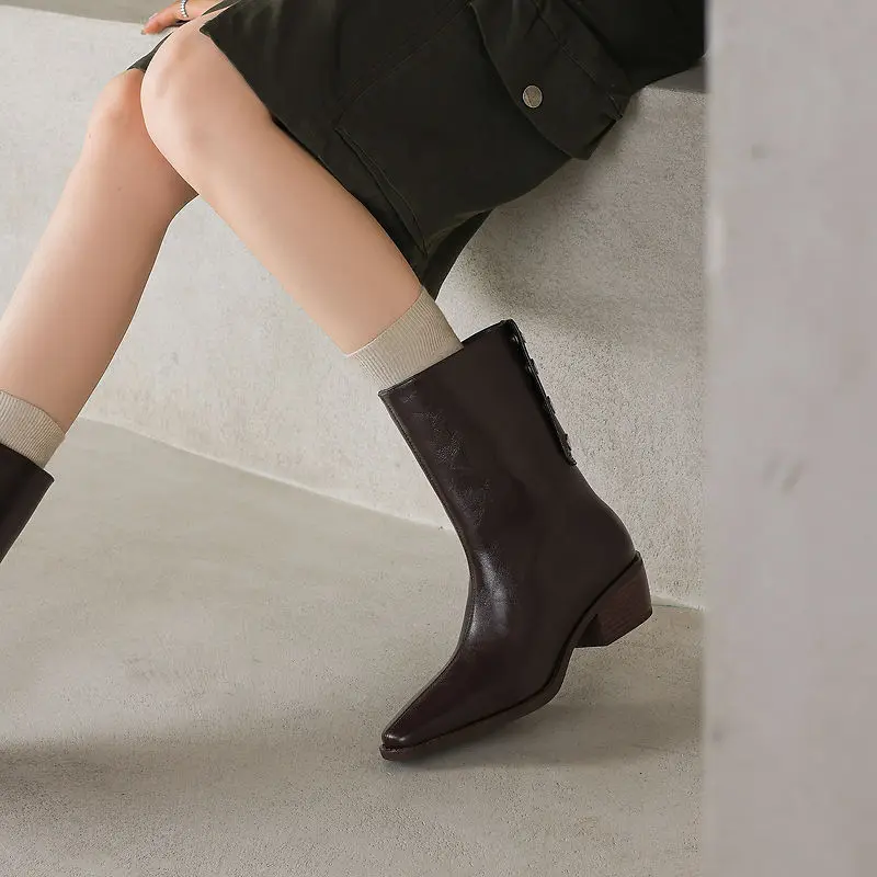 2027 New Autumn Split Leather Women Boots Square Toe Chunky Heel Women Shoes Winter Women Ankle Boots Western Modern