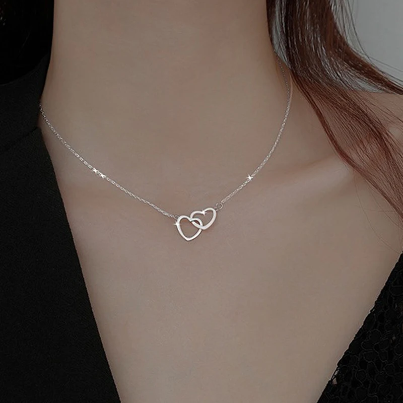 Double Heart Necklace Stainless Steel Hollow Heart Pendant Clavicle Necklace