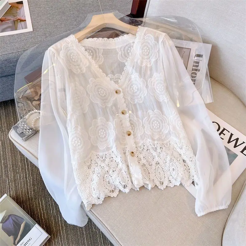 Women Korean Lace Flare Long Sleeve Blouse V-Neck Button Down Cropped Cardigan Hollow Crochet Floral Thin Shirts 2024 New N872