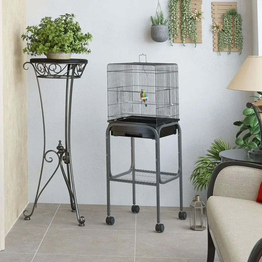 Ye Pawhut 45-inch Metal Indoor Bird Cage, Parrot Cage, Bird Aviary with Detachable Rolling Stand, Storage Basket & Accessories - Black