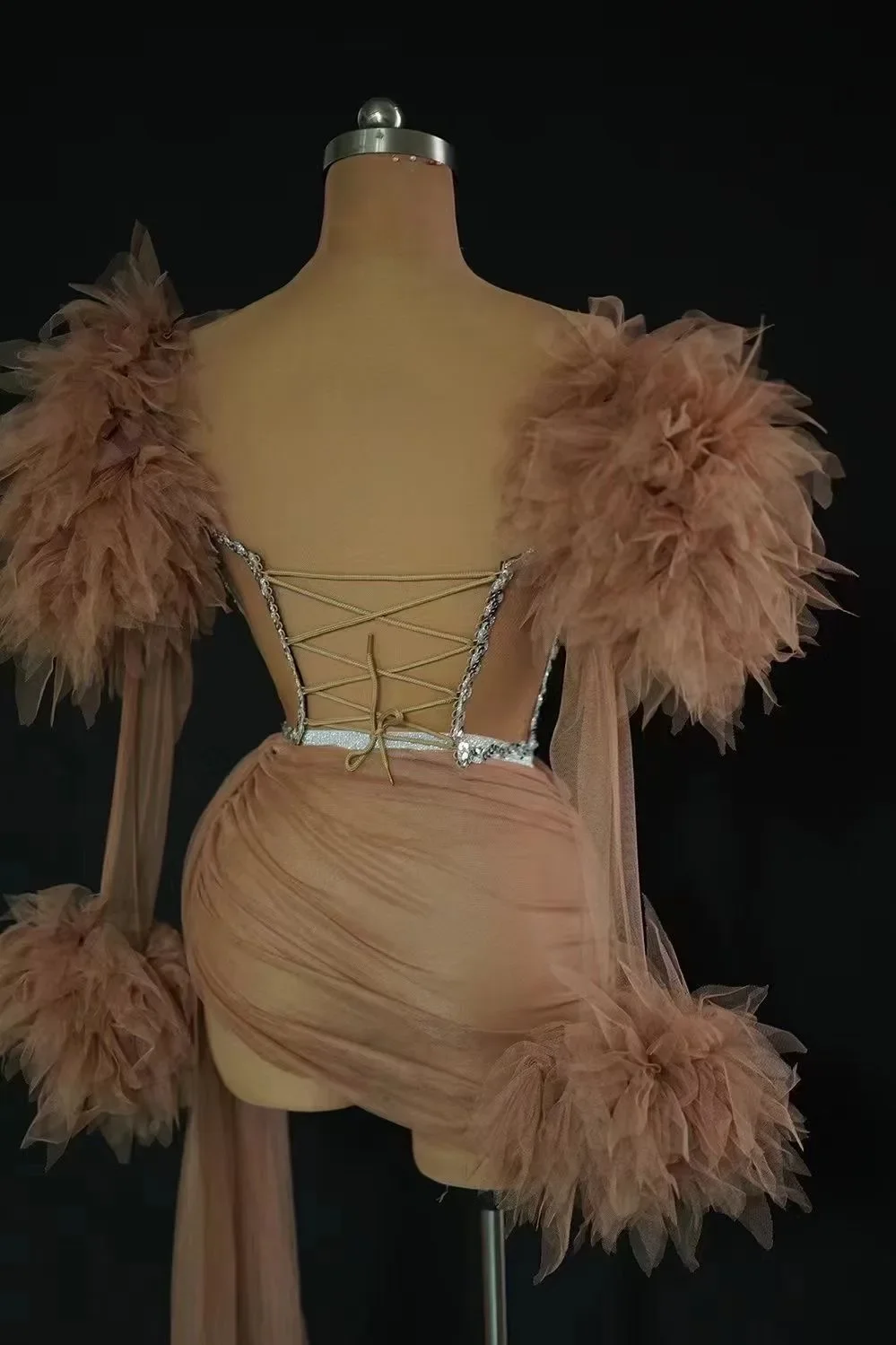 Strój klubowy, kostium showgirl, luksusowy strój na imprezę, błyszczący, seksowny, siateczkowy, z odkrytymi ramionami, dwuczęściowy zestaw spódnic, strój dla tancerki scenicznej