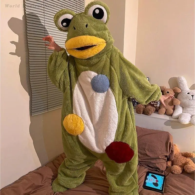 Cute Cartoon Frog Thick Coral Fleece Onesie Robe New for Young Women Autumn Winter Warm Home Loungewear Sleepwear Loose