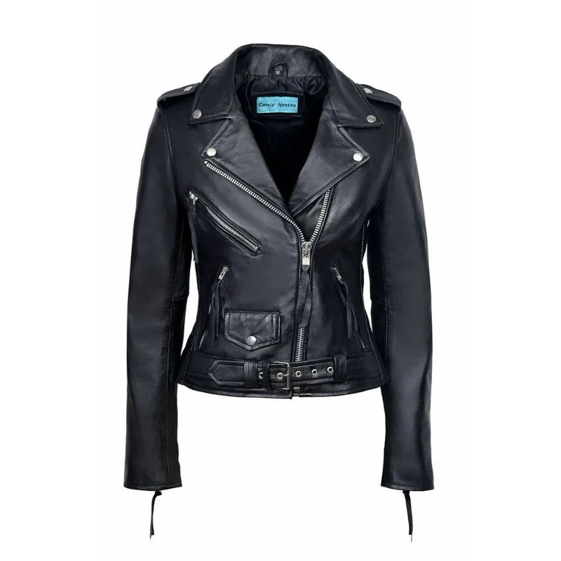 New Women's Lambskin Leather Jacket Motorcycle Biker Black Designer Coat Belted