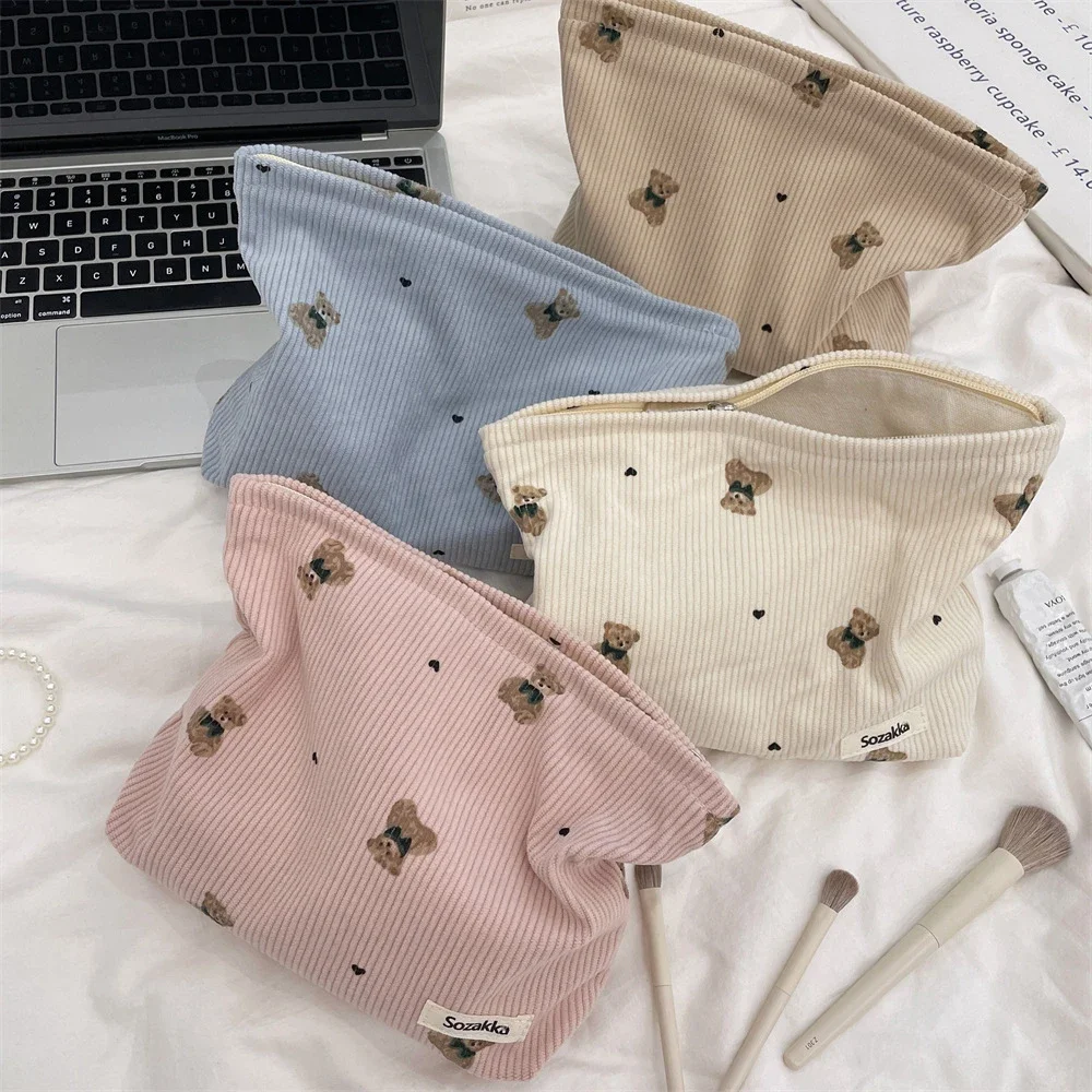 Cute Cartoon Bear Women's Corduroy Cosmetic Bags Portable Ladies Clutch Purse Lipstick Makeup Case Commute Female Storage Bag