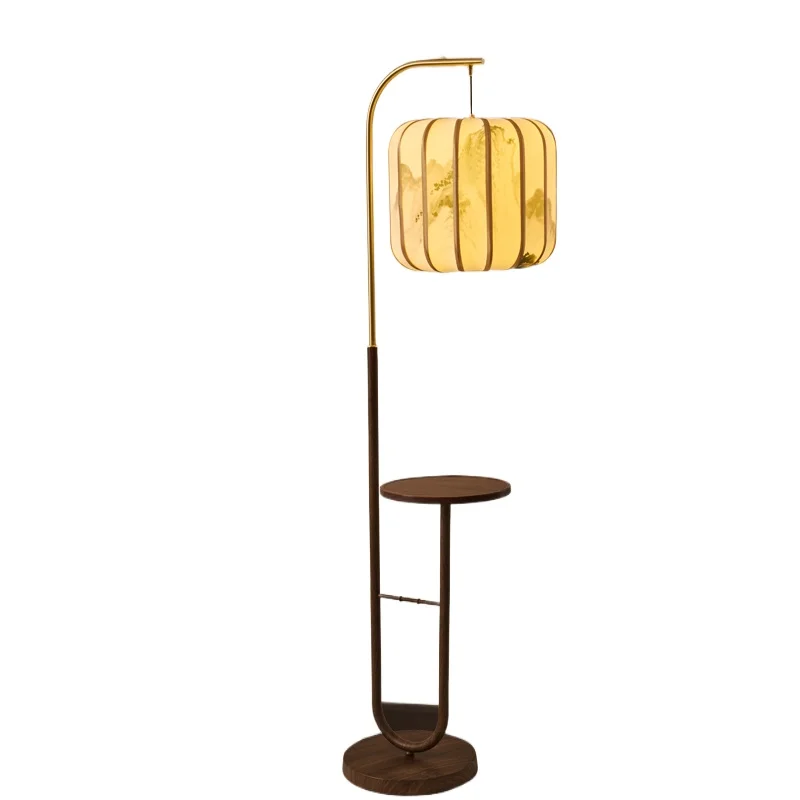 Japanese Retro Wooden Integrated Storage Rack Floor Lamp LED Living Room Office Bedroom Teahouse Study Homestay Standing Lights