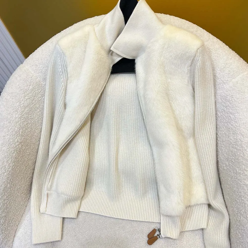 Cappotti in vera pelliccia di visone da donna, cardigan lavorato a maglia a collo alto e sciolto per l'inverno