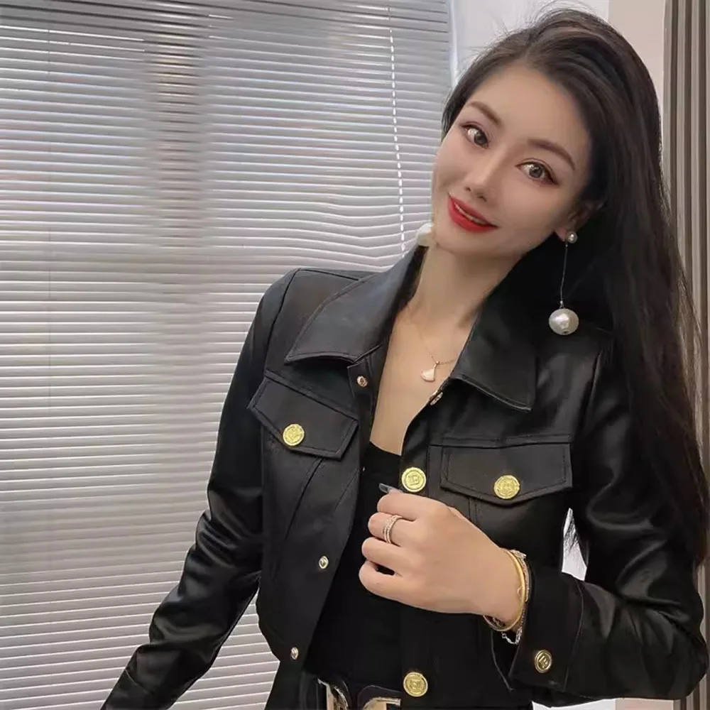 Elegant Women Metal Buckle Irregular Leather Jackets Crop Tops Korean Female Black Short PU Coats Ladies Office Green Outerwear