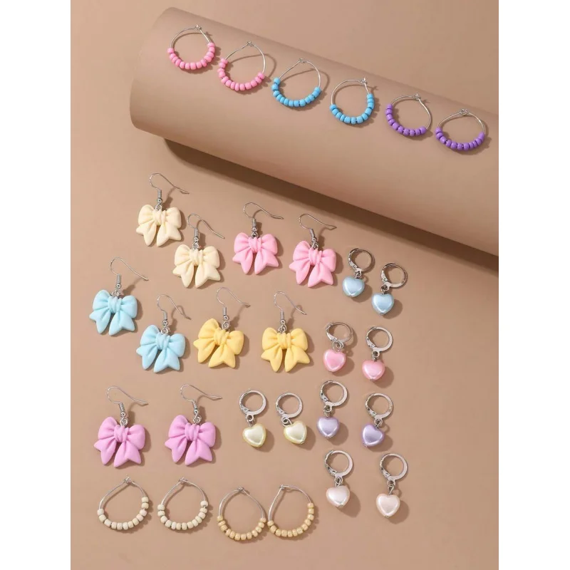 15 Pairs Cute Girls‘ Earrings Set: Heart, Rice Bead & Butterfly Designs for Sweet Daily Mix & Match