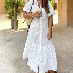 Women's Autum New Style Gentle Style European And American Style V Neck Cut Out Embroidered Long Dress Street Style Casual Skirt