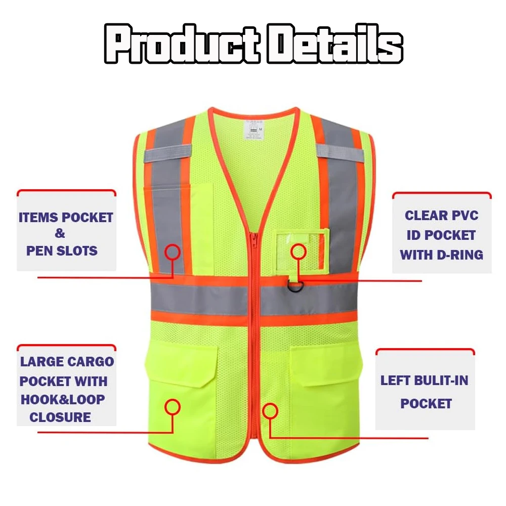 Fluorescent Mesh Vest with Multiple Pockets and Front Zipper Hi Vis Construction Workwear Vest Uniforms for Men Women