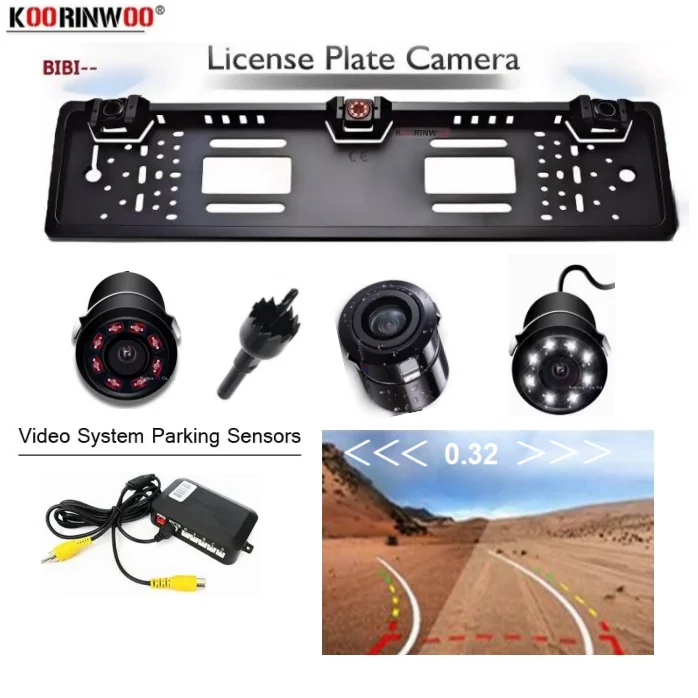 Koorinwoo Car Parktronic EU Number License Plate Frame With Dynamic Trajectory Rearview Camera Auto 2 Backup Parking Sensors