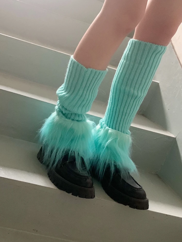 

Y2k Girl Furry Patch Calf-length Foot Cover Lolita Gothic Women Candy Color Casual Knit Leg Warmer Korean Fashion Long Socks