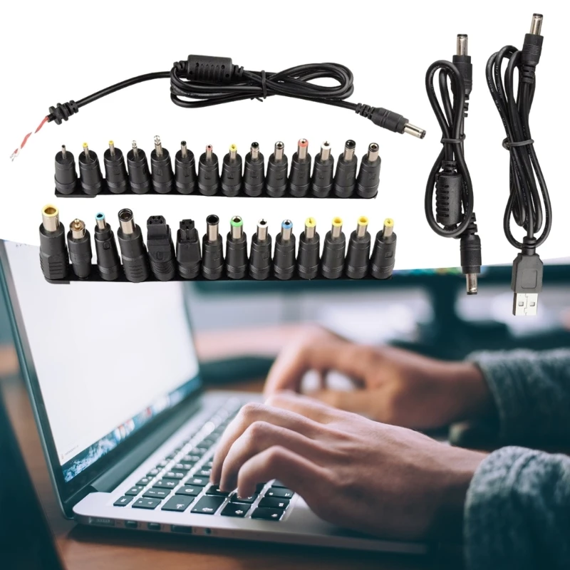 28Pcs/set Tip Assortment Connectors Laptop Charger Adapter Power Supply Converter Set with 3pcs DC5.5x2.1mm Power Cord