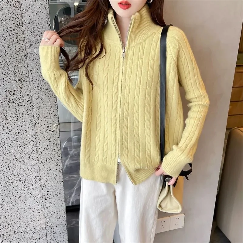 2026 Winter New Thick Turtleneck Cashmere Knitted Cardigan Women Casual Knit Loose Wool Sweater Female Tops