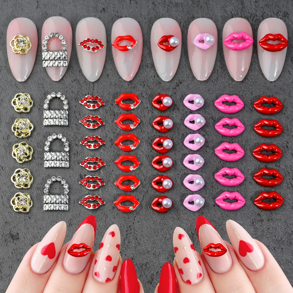 10 Stück Sexy Rote Lippen Aolly Nagel Charms Perle Strass Nail Art Edelsteine Valentinstag Maniküre DIY Zubehör Liebe Nagel Charms 10mm